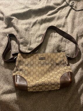 Gucci Beige/Tan GG Canvas Messenger Bag with Brown Leather Trim